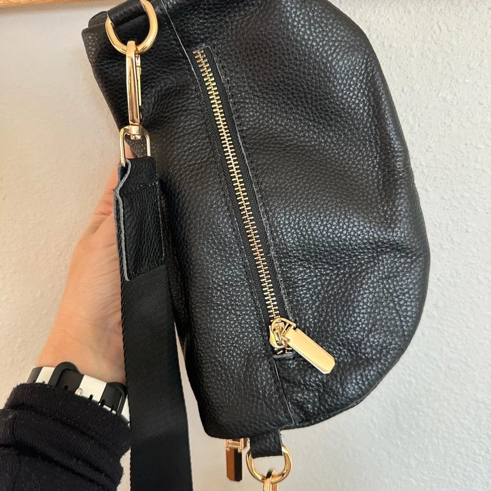 Never Used Black Leather Crossbody Bag Gold Accents - Picture 2 of 4